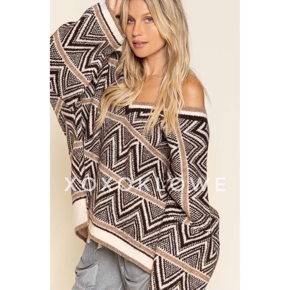 POL Brown Multi Aztec Pattern V Neck Sweater Oversized Slouchy Fit - Picture 9 of 11